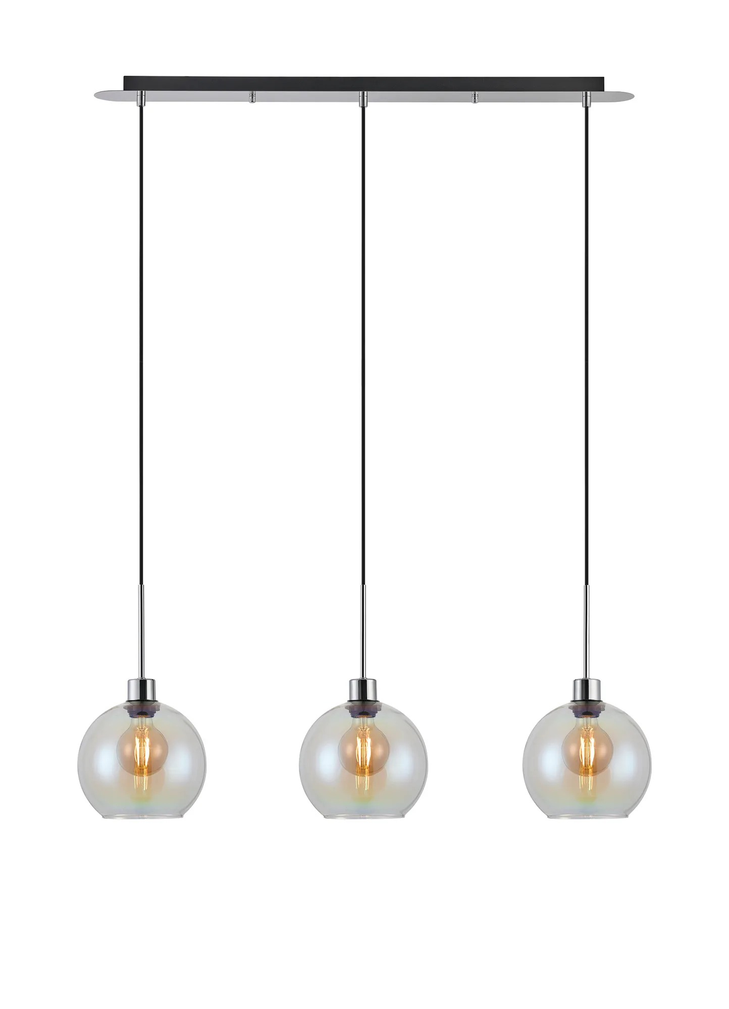 DK1305  Lori Linear Pendant, 3 Light Adjustable E27, Polished Chrome/Iridescent Open Mouth Round Globe Shades